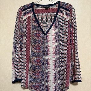 Lucky Brand Semi Sheer Boho Top Blouse Red Blue Print Long Sleeve